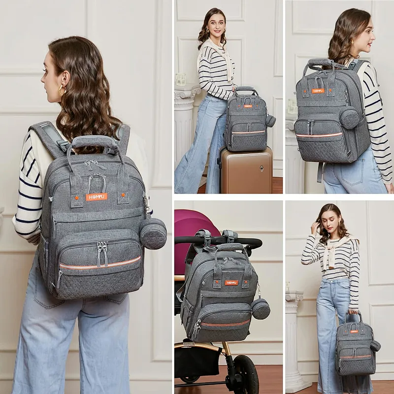 Homfu Diaper Bag Backpack Mommy Hospital Baby Bags For Boys Girl Travel Backpacks Mom Grey Dad Diaper Bag Tote Baby Registery Waterproof Fashion Maternity Baby Diaper Bag Tote