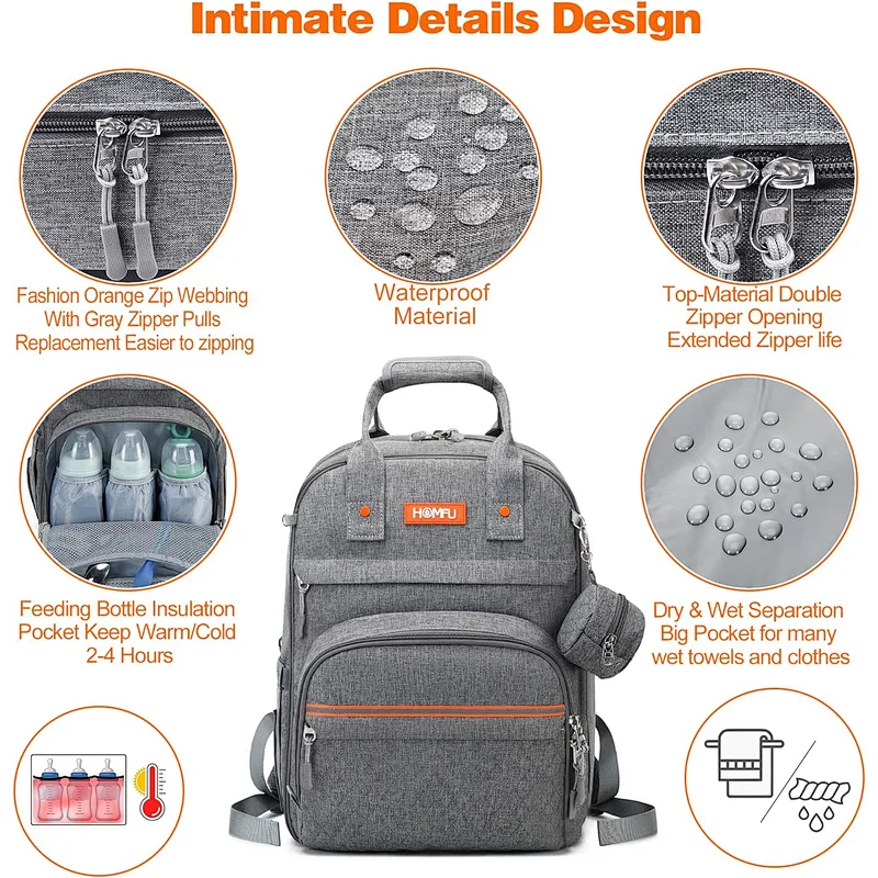 Homfu Diaper Bag Backpack Mommy Hospital Baby Bags For Boys Girl Travel Backpacks Mom Grey Dad Diaper Bag Tote Baby Registery Waterproof Fashion Maternity Baby Diaper Bag Tote