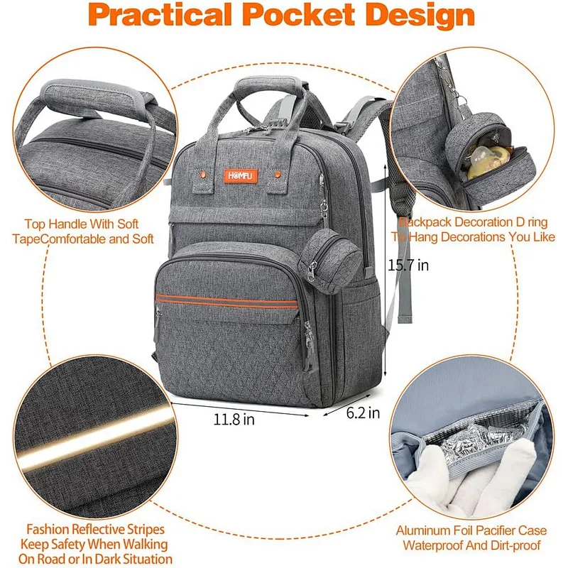 Homfu Diaper Bag Backpack Mommy Hospital Baby Bags For Boys Girl Travel Backpacks Mom Grey Dad Diaper Bag Tote Baby Registery Waterproof Fashion Maternity Baby Diaper Bag Tote